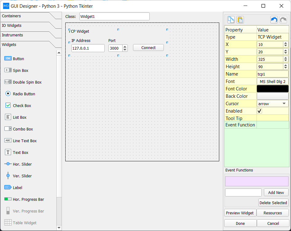 TCP widget placed in the GUI designer